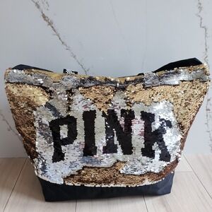Victoria's Secret PINK Duffle Bag Large Black Sequin Sparkle Travel Gym Tote